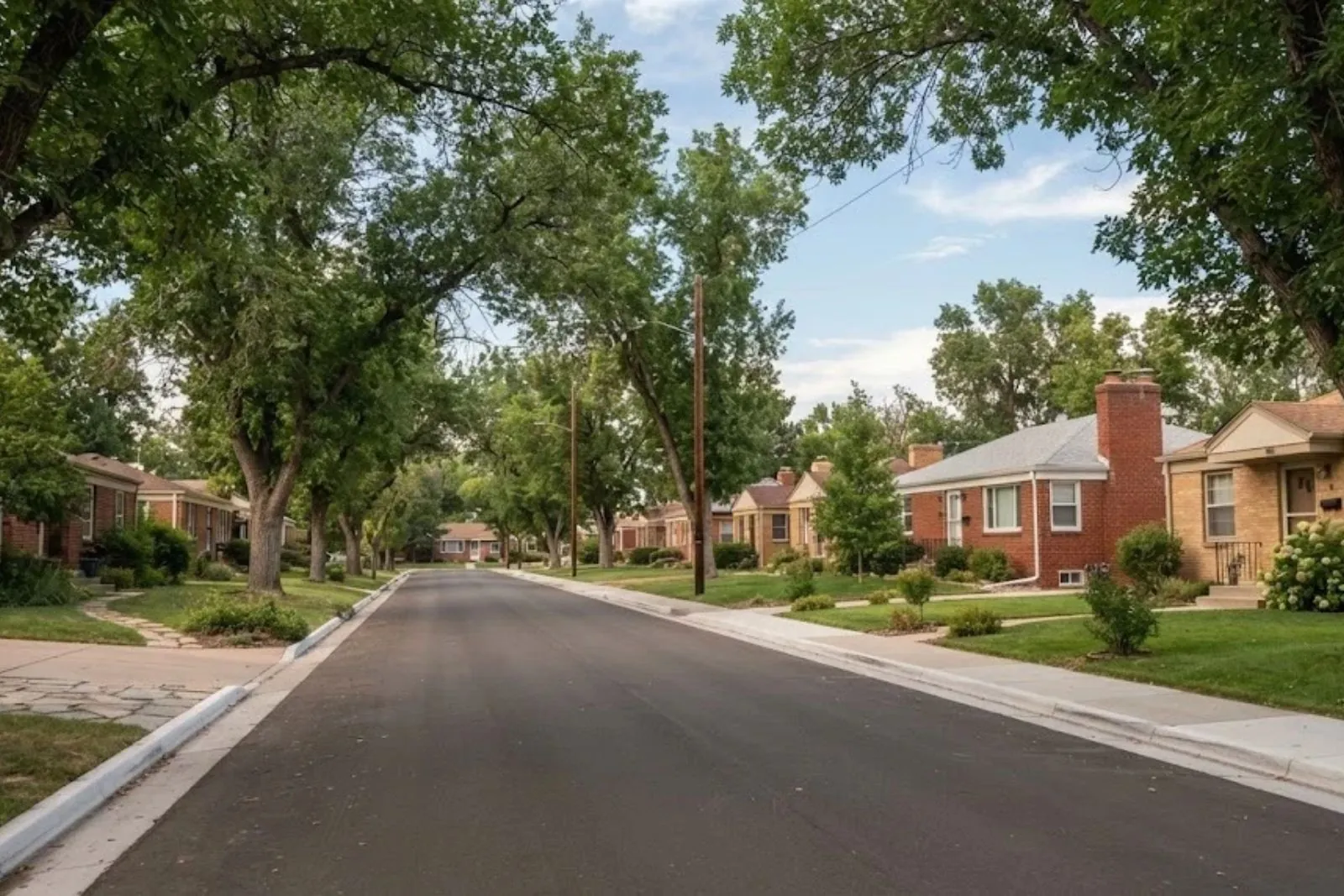 Post-war brick bungalows on a tree-lined street in Englewood, Colorado