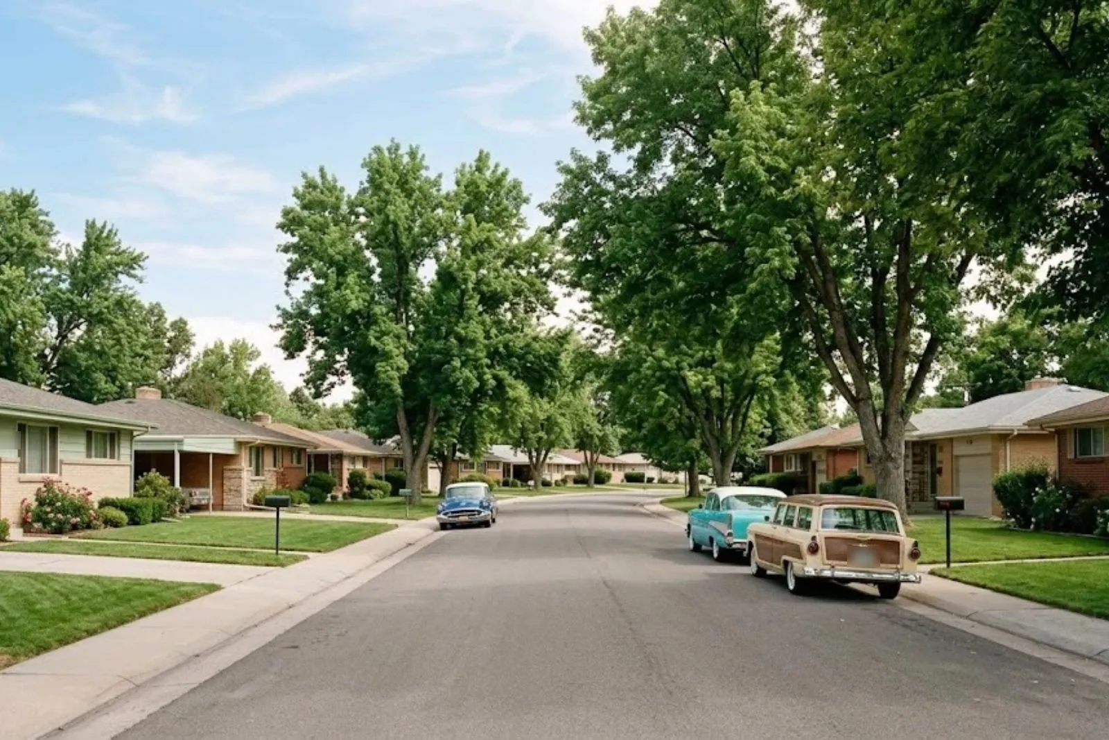 1950s ranch homes on a tree-lined street in Harvey Park, Denver